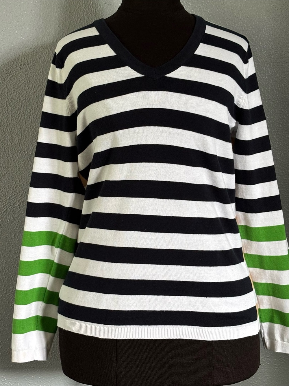 Tommy Hilfiger Navy Blue Green Yellow Striped V Neck Top Womens Size S